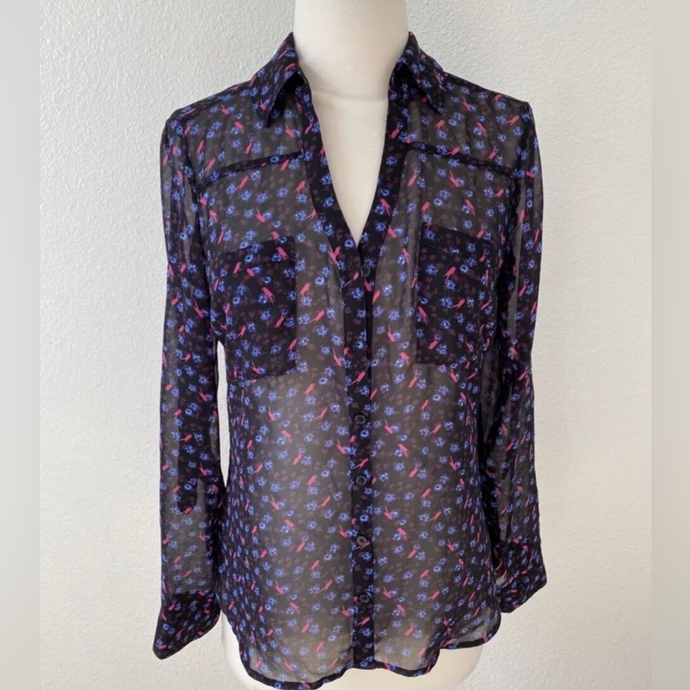 Express The Portofino Shirt Floral and Bird Print Semi-Sheer Blouse Size Medium